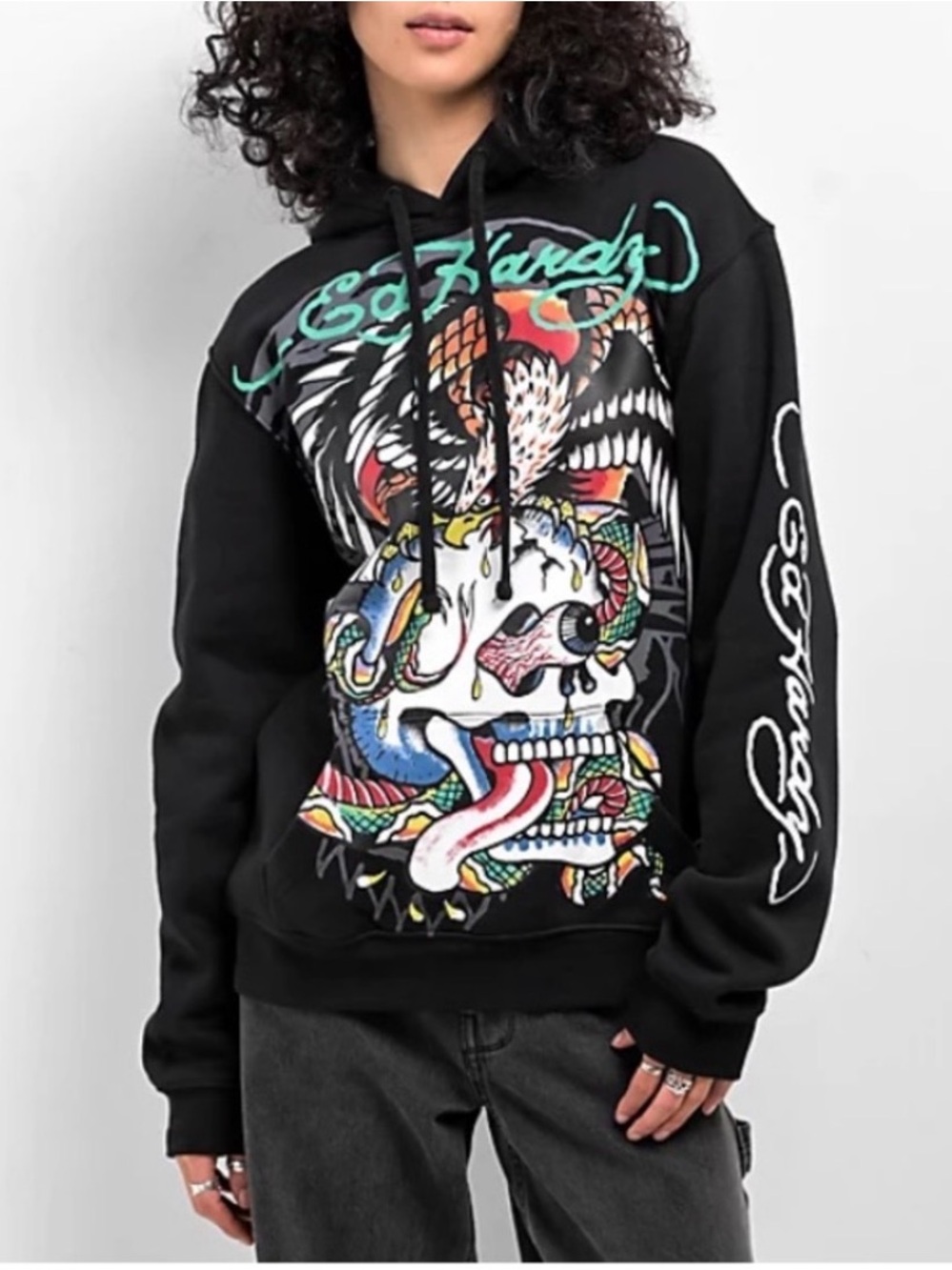 Ed Hardy Black Pullover Hoodie with Multicolor Graphic Skull & Snake